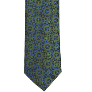 The front of an avocado green and blue abstract floral tie