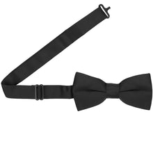 Load image into Gallery viewer, A black pre-tied bow tie with the band open