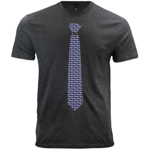 A gray men's t-shirt with a blue baseball coach necktie design