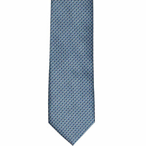The front of a blue circle pattern tie, laid flat