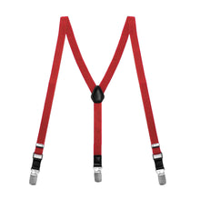 Load image into Gallery viewer, A pair of boys&#39; festive (dark) red skinny suspenders laid out into an M shape