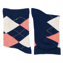 Load image into Gallery viewer, A pair of boys folded navy blue and coral argyle socks