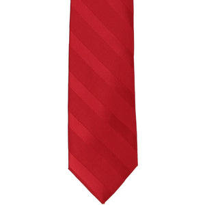 The front of a boys' red tone-on-tone striped tie, laid flat