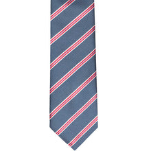 Load image into Gallery viewer, The front of a denim blue pencil striped slim tie, laid flat