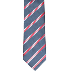 The front of a denim blue pencil striped slim tie, laid flat