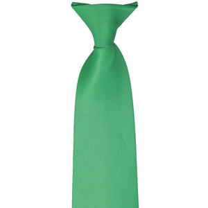 The clip and front of an emerald green clip-on tie