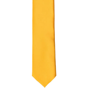 The front of a golden yellow skinny tie, front