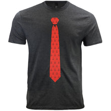 Load image into Gallery viewer, A men&#39;s gray t-shirt with a red and black hockey pattern necktie design