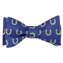 Load image into Gallery viewer, A blue and light yellow horseshoe themed self-tie bow tie, tied