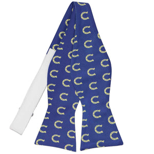 A horseshoe themed self-tie bow tie in blue and yellow, untied