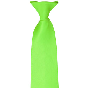 Front of a knot on a hot lime green clip-on tie