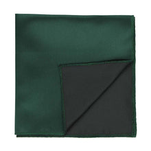 Load image into Gallery viewer, A hunter green solid color pocket square with the corner flipped up to show the backside