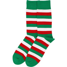 Load image into Gallery viewer, A pair of striped red, white and kelly green striped socks