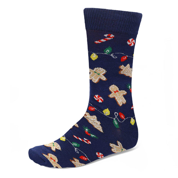 A men's dark blue sock with gingerbread, peppermint and Christmas lights