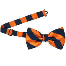 Load image into Gallery viewer, A navy blue and orange pre-tied bow tie with the band collar open