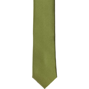 The front of an olive green skinny tie, laid flat