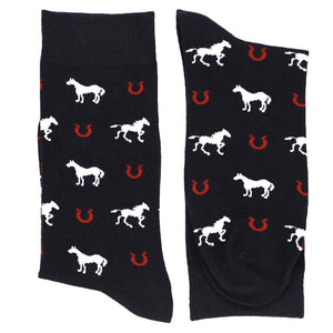A pair of dark navy blue horse and horseshoe patterned socks