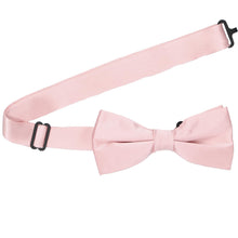 Load image into Gallery viewer, A pastel pink pre-tied bow tie with the band collar open