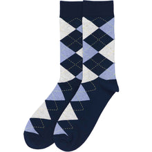 Load image into Gallery viewer, A pair of periwinkle and navy blue argyle socks
