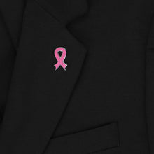 Load image into Gallery viewer, A pink ribbon lapel pin on a black jacket