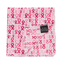 Load image into Gallery viewer, A pink ribbon pocket square with a corner flipped up to show off the inside