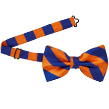 Load image into Gallery viewer, Orange and royal blue pre-tied bow tie with the band open