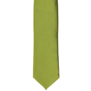 The front of a wasabi green skinny tie, laid out flat