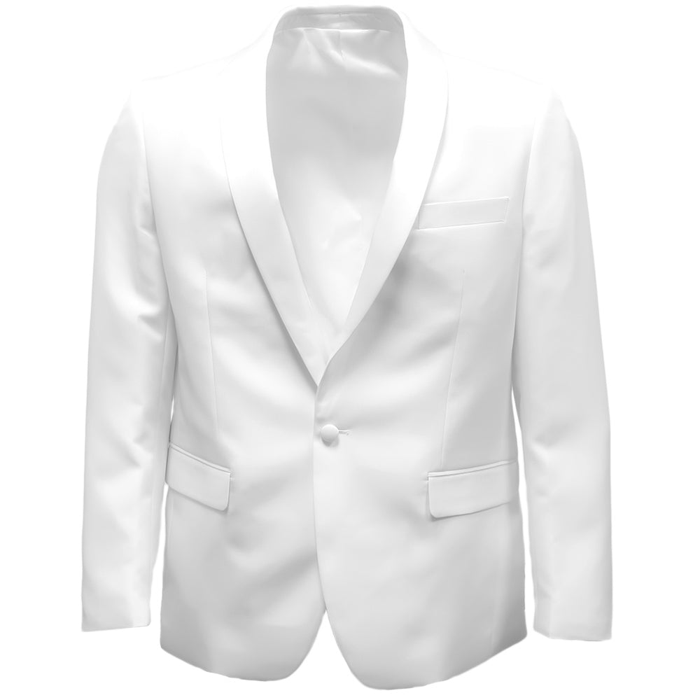 The front of an all-white dinner jacket
