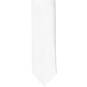 A solid white skinny tie, laid out flat to show front