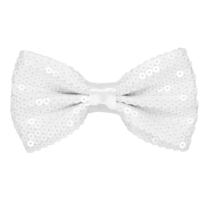 A closeup of the bow on a pre-tied white sequin bow tie