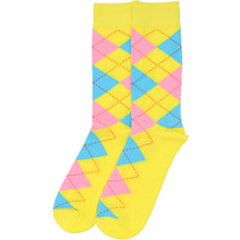 Load image into Gallery viewer, A pair of yellow, turquoise and pink argyle socks laid out flat