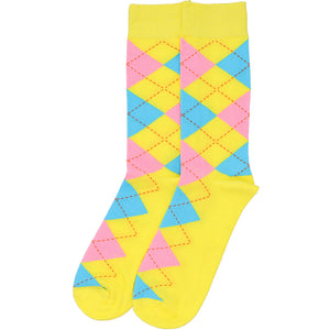 A pair of yellow, turquoise and pink argyle socks laid out flat