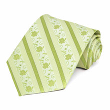Load image into Gallery viewer, Rolled view of a bright green floral stripe extra long necktie