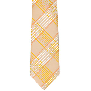 The front view of an apricot plaid slim tie