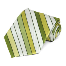 Load image into Gallery viewer, Green and white striped necktie, rolled view to show texture