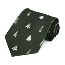 Load image into Gallery viewer, Assorted decorated Christmas trees on a dark green tie