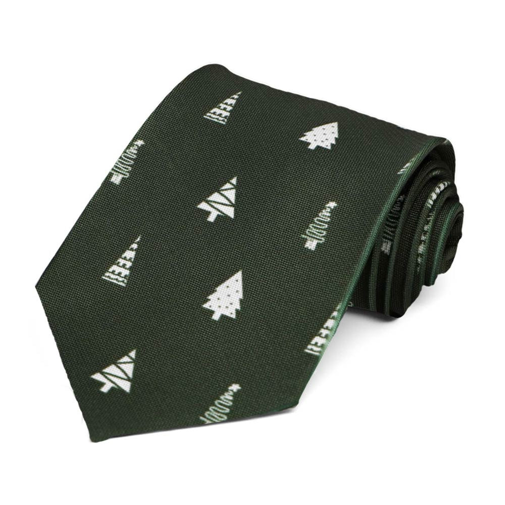 Assorted decorated Christmas trees on a dark green tie