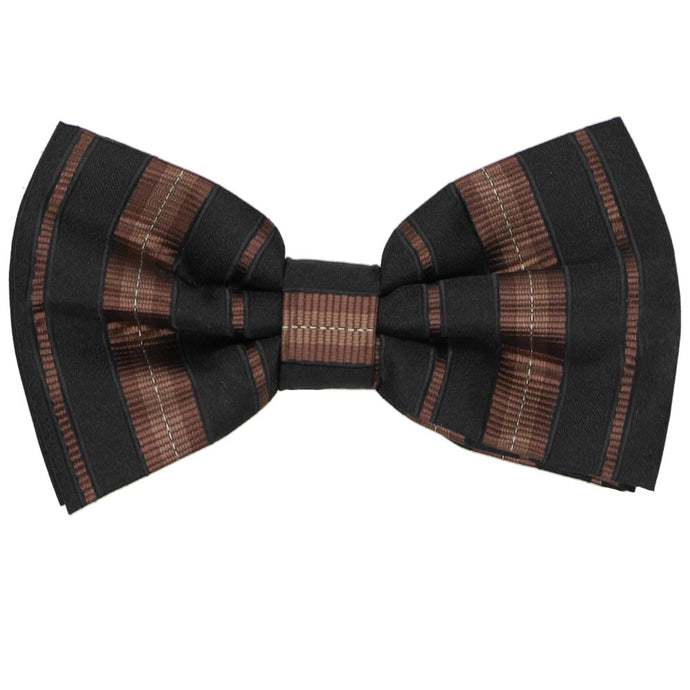 Brown and black striped bow tie, close up front view