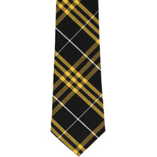 Load image into Gallery viewer, The front of a black and gold plaid tie