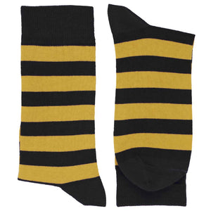 Pair of men's black and gold striped dress socks, horizontal stripes