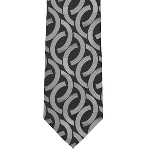 Front view of a black and silver link pattern tie