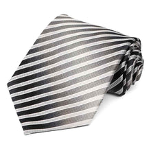 Load image into Gallery viewer, Black and gray striped necktie, rolled