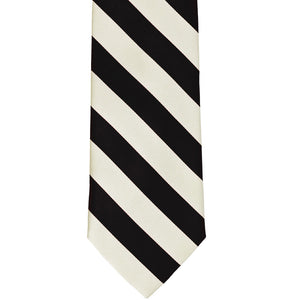Front view of a black and ivory striped tie