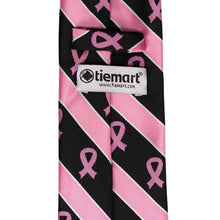 Load image into Gallery viewer, Back tag view of a pink and black striped extra long tie with pink ribbons