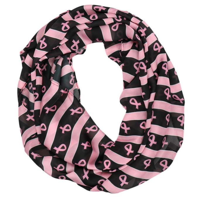 A pink and black breast cancer awareness infinity scarf with small pink ribbons and stripes