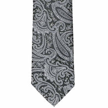 Load image into Gallery viewer, Flat front view, black and silver paisley extra long tie