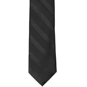 The front of a tone-on-tone black striped tie, laid out flat