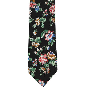 Colorful unrolled black floral pattern narrow tie