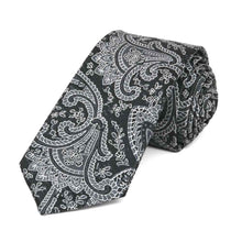 Load image into Gallery viewer, Black and silver paisley slim necktie, rolled view