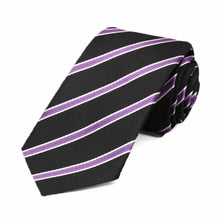 Load image into Gallery viewer, Slim black and purple striped tie, rolled view